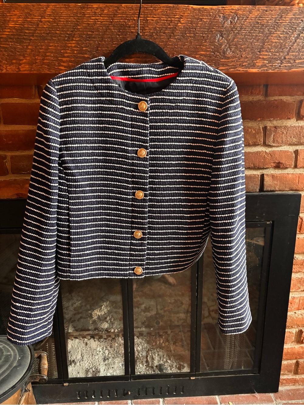 NWT J.Crew Cropped Structured Knit Jacket Navy White Stripe Gold Buttons M